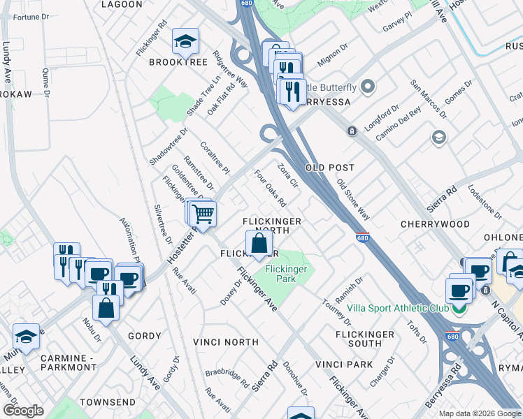 map of restaurants, bars, coffee shops, grocery stores, and more near 1555 4 Oaks Road in San Jose