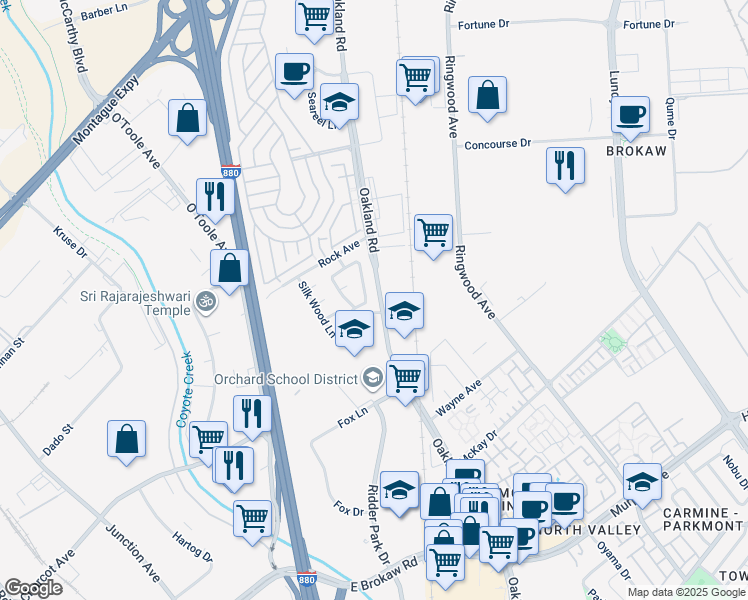 map of restaurants, bars, coffee shops, grocery stores, and more near 1974 Bright Willow Circle in San Jose