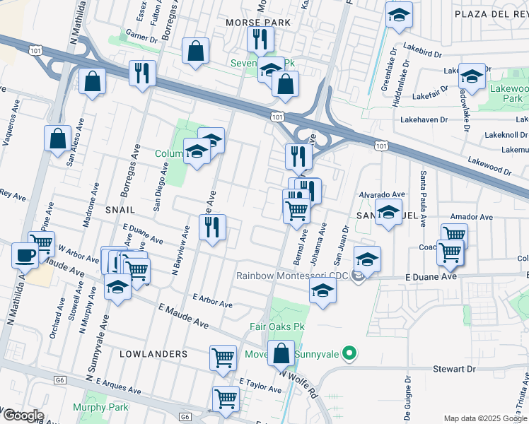 map of restaurants, bars, coffee shops, grocery stores, and more near 613 San Conrado Terrace in Sunnyvale
