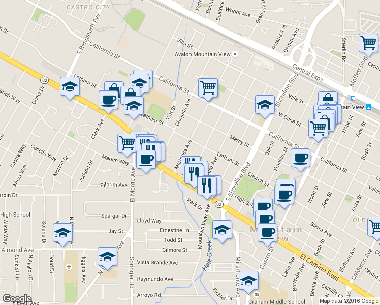 map of restaurants, bars, coffee shops, grocery stores, and more near 605 Mariposa Avenue in Mountain View