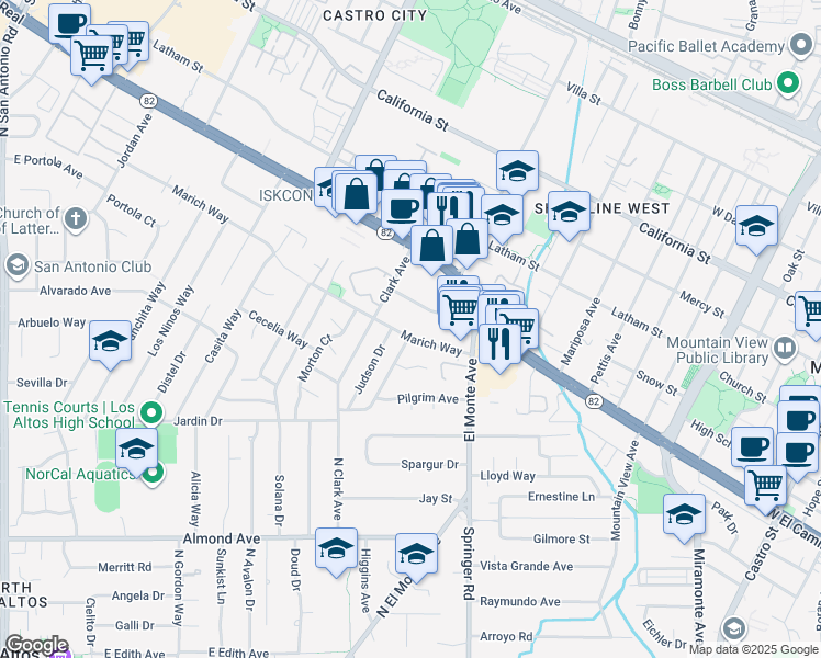 map of restaurants, bars, coffee shops, grocery stores, and more near 1875 Ednamary Way in Mountain View