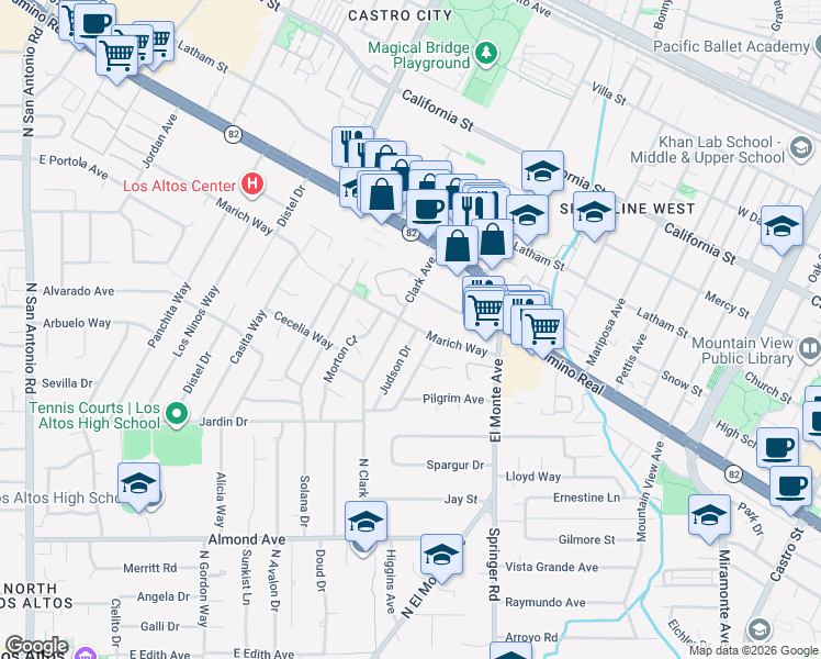 map of restaurants, bars, coffee shops, grocery stores, and more near 996 Clark Avenue in Mountain View