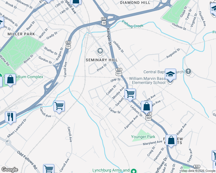 map of restaurants, bars, coffee shops, grocery stores, and more near 2267 Otey Street in Lynchburg