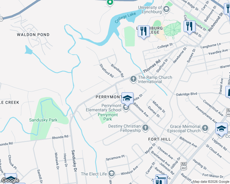 map of restaurants, bars, coffee shops, grocery stores, and more near 115 Perrymont Avenue in Lynchburg