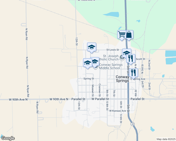 map of restaurants, bars, coffee shops, grocery stores, and more near 111 North Highland Street in Conway Springs
