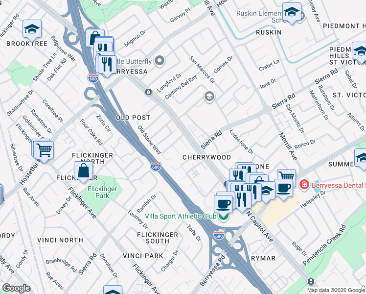 map of restaurants, bars, coffee shops, grocery stores, and more near 1357 Old Rose Place in San Jose