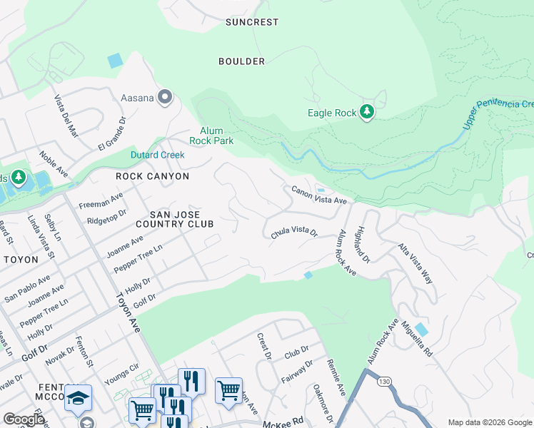 map of restaurants, bars, coffee shops, grocery stores, and more near 11265 Chula Vista Drive in San Jose
