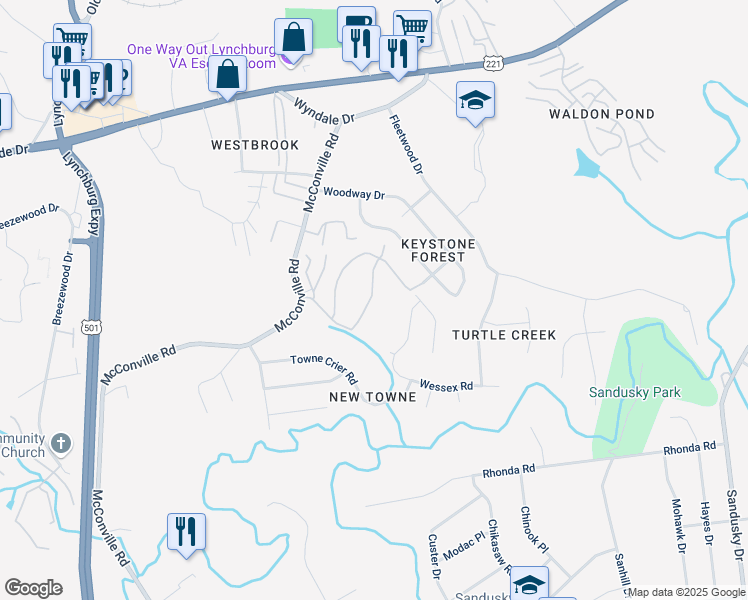map of restaurants, bars, coffee shops, grocery stores, and more near 307 Killarney Court in Lynchburg