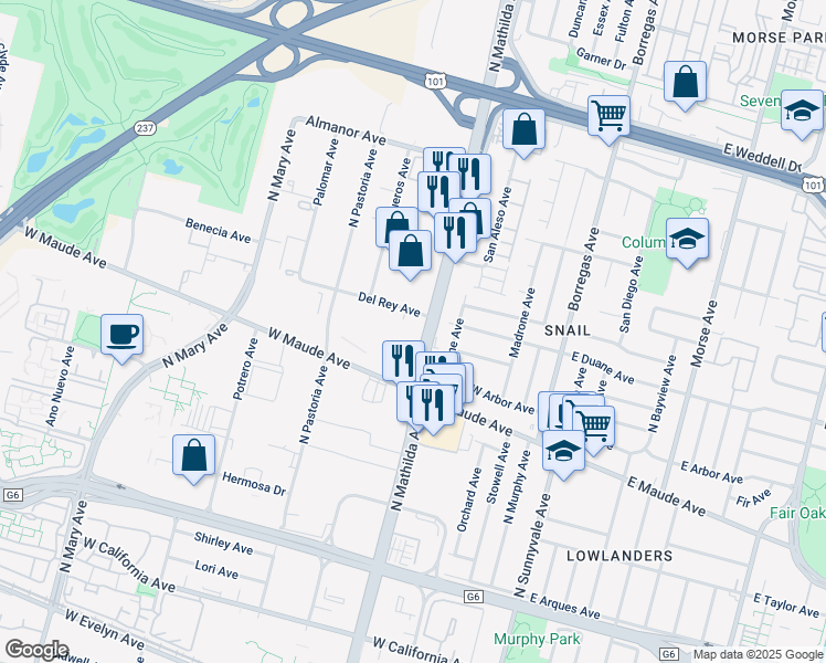 map of restaurants, bars, coffee shops, grocery stores, and more near 555 North Mathilda Avenue in Sunnyvale