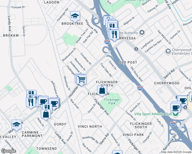 map of restaurants, bars, coffee shops, grocery stores, and more near 1562 Clampett Way in San Jose