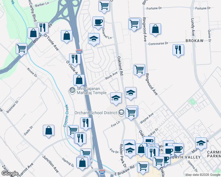 map of restaurants, bars, coffee shops, grocery stores, and more near 1031 Mapleton Court in San Jose