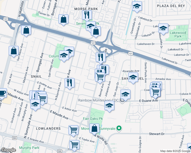 map of restaurants, bars, coffee shops, grocery stores, and more near 702 San Conrado Terrace in Sunnyvale