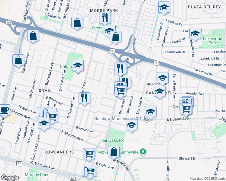 map of restaurants, bars, coffee shops, grocery stores, and more near 702 San Conrado Terrace in Sunnyvale
