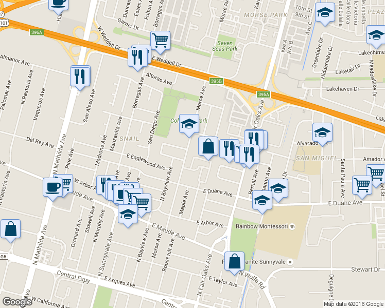 map of restaurants, bars, coffee shops, grocery stores, and more near 674 Morse Avenue in Sunnyvale