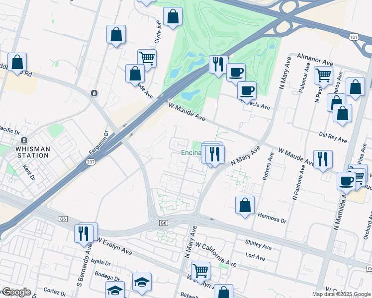 map of restaurants, bars, coffee shops, grocery stores, and more near 443 Costa Mesa Terrace in Sunnyvale