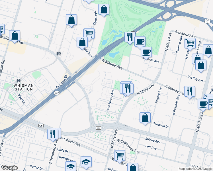 map of restaurants, bars, coffee shops, grocery stores, and more near 443 Costa Mesa Terrace in Sunnyvale