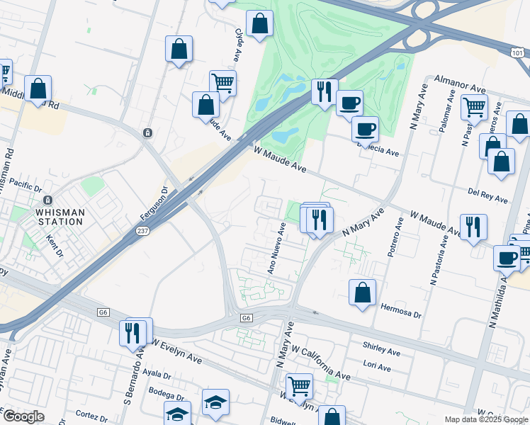 map of restaurants, bars, coffee shops, grocery stores, and more near 443 Costa Mesa Terrace in Sunnyvale