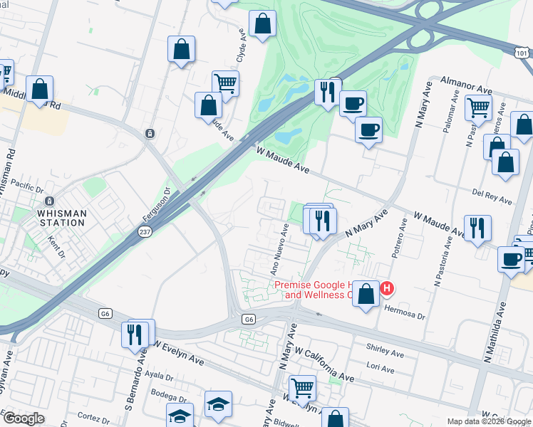 map of restaurants, bars, coffee shops, grocery stores, and more near 443 Costa Mesa Terrace in Sunnyvale