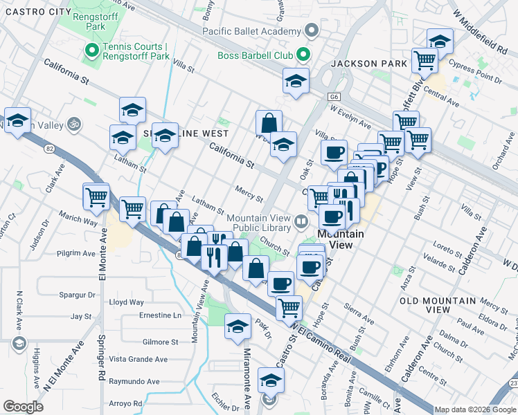 map of restaurants, bars, coffee shops, grocery stores, and more near 505 Mountain View Avenue in Mountain View