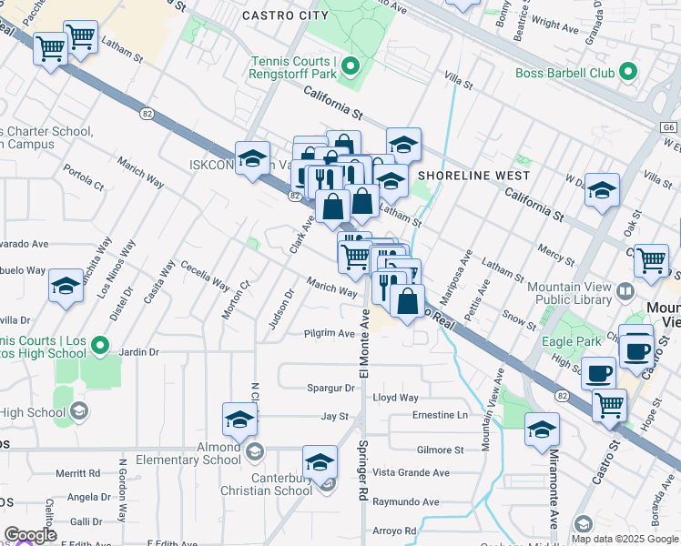 map of restaurants, bars, coffee shops, grocery stores, and more near 1755 Ednamary Way in Mountain View