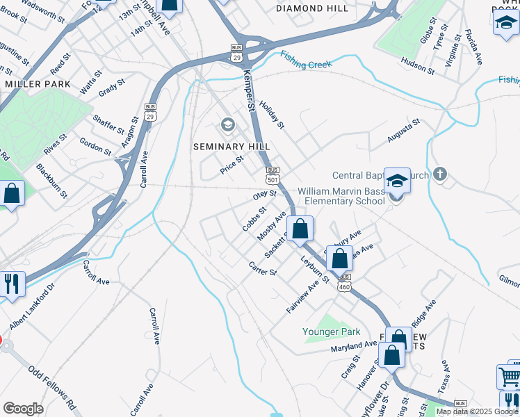 map of restaurants, bars, coffee shops, grocery stores, and more near 2239 Cobbs Street in Lynchburg