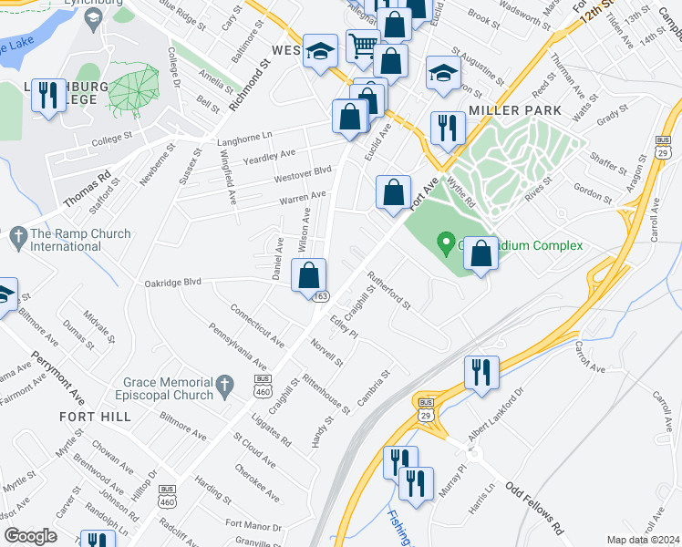 map of restaurants, bars, coffee shops, grocery stores, and more near 3402 Memorial Avenue in Lynchburg