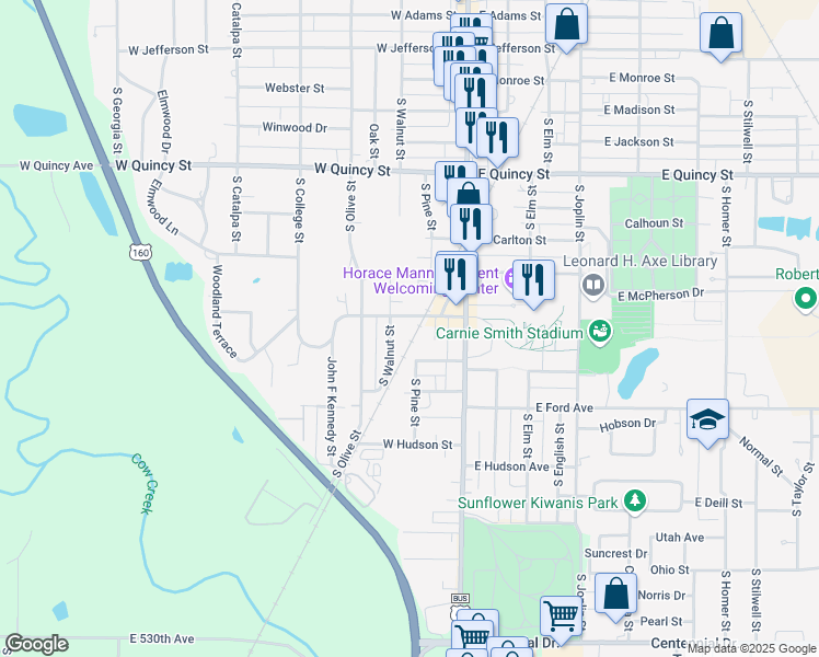 map of restaurants, bars, coffee shops, grocery stores, and more near 206 West Cleveland Avenue in Pittsburg