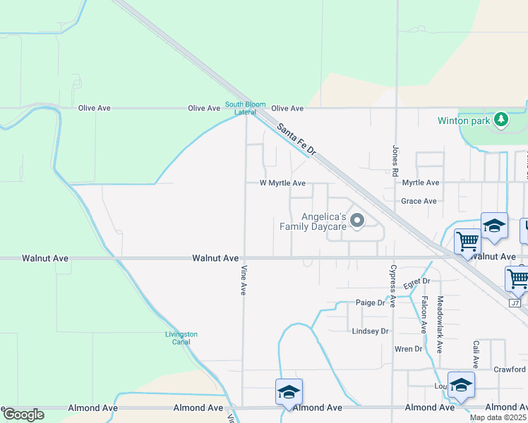 map of restaurants, bars, coffee shops, grocery stores, and more near 7176 Vine Avenue in Winton