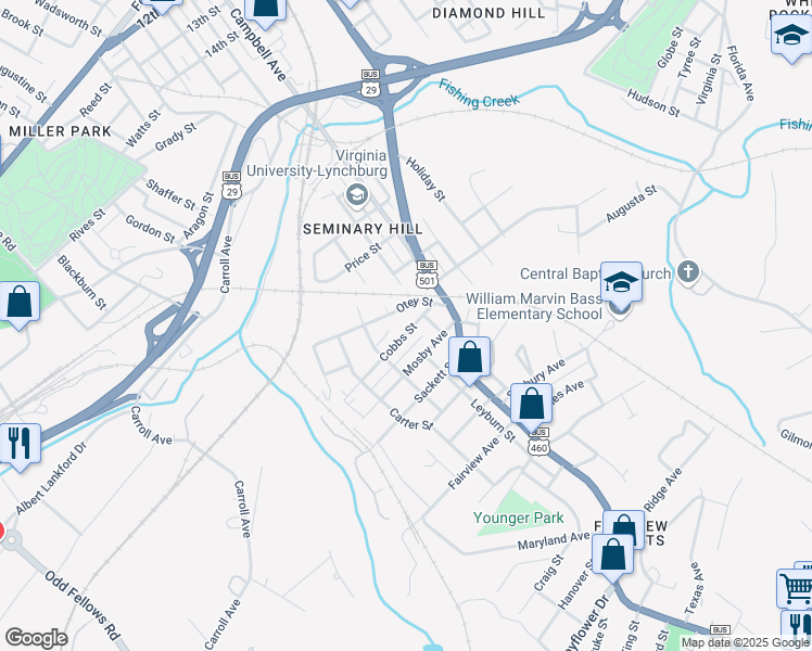 map of restaurants, bars, coffee shops, grocery stores, and more near 2239 Cobbs Street in Lynchburg