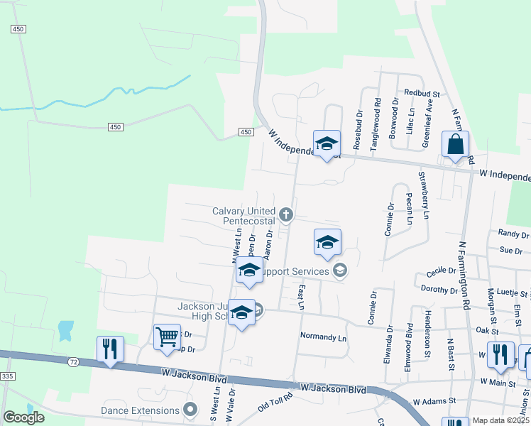 map of restaurants, bars, coffee shops, grocery stores, and more near 1035 Aaron Drive in Jackson