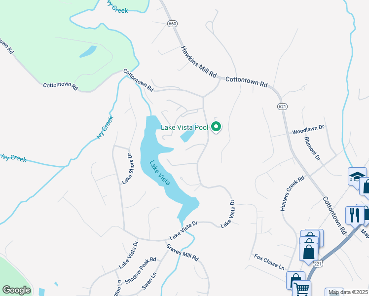 map of restaurants, bars, coffee shops, grocery stores, and more near 163 Sunset Ridge Road in Forest