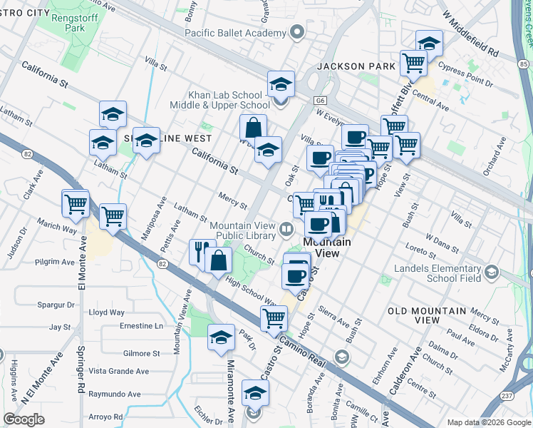 map of restaurants, bars, coffee shops, grocery stores, and more near 1122 Mercy Street in Mountain View