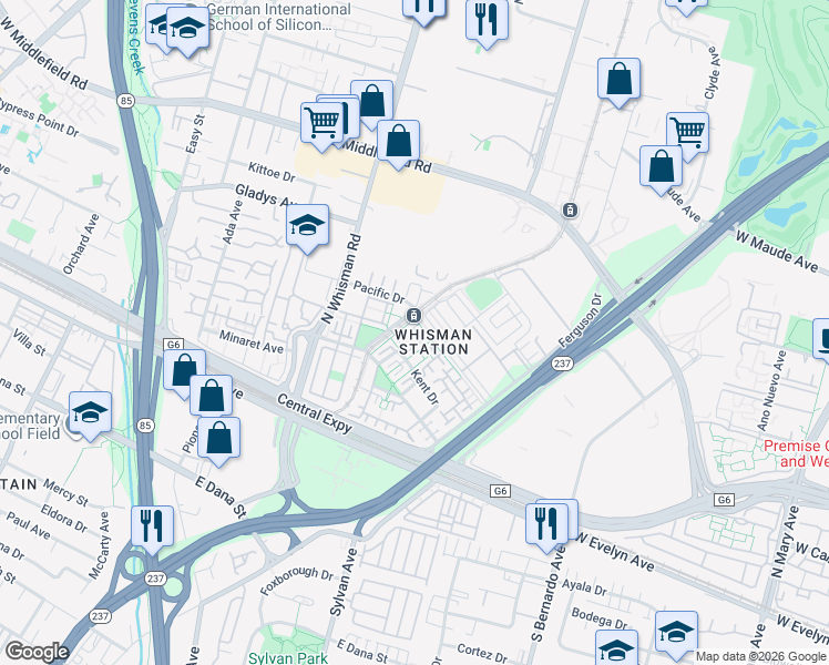 map of restaurants, bars, coffee shops, grocery stores, and more near 178 Stockwell Drive in Mountain View