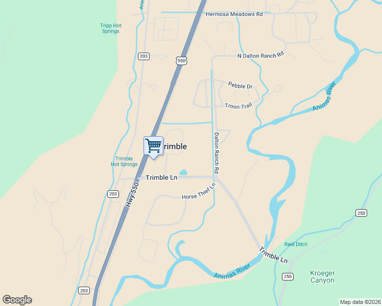 map of restaurants, bars, coffee shops, grocery stores, and more near 208 Trimble Crossing Drive in Durango