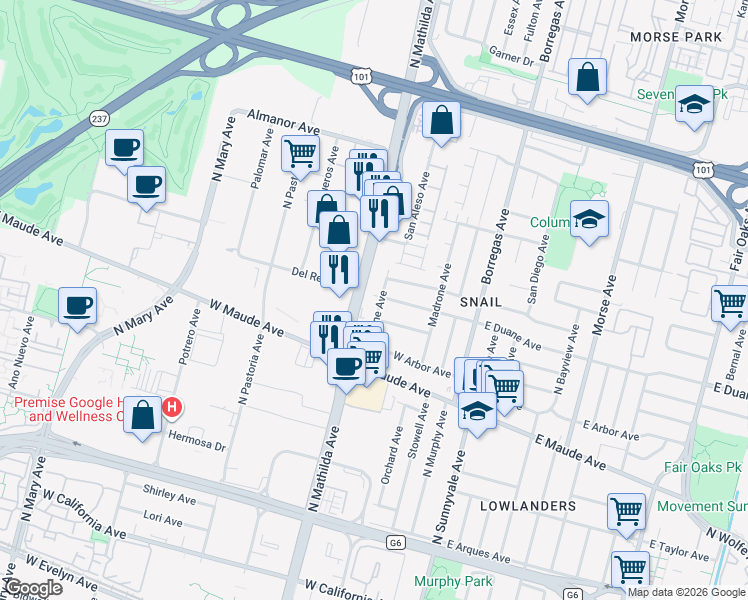 map of restaurants, bars, coffee shops, grocery stores, and more near 342 West Duane Avenue in Sunnyvale