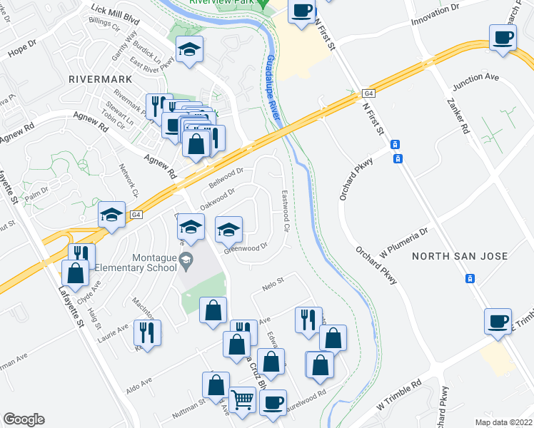 map of restaurants, bars, coffee shops, grocery stores, and more near 3763 Edgefield Drive in Santa Clara