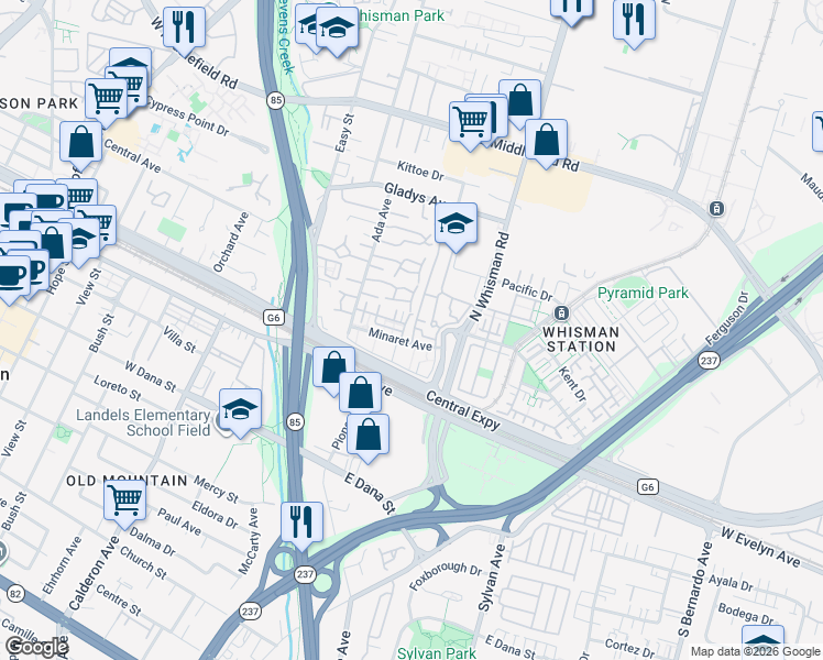 map of restaurants, bars, coffee shops, grocery stores, and more near 142 Avellino Way in Mountain View