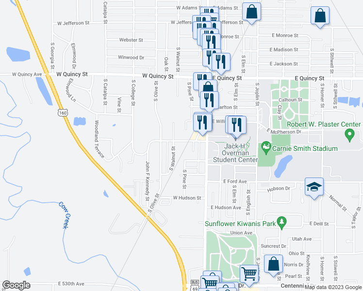 map of restaurants, bars, coffee shops, grocery stores, and more near 207 West Cleveland Avenue in Pittsburg