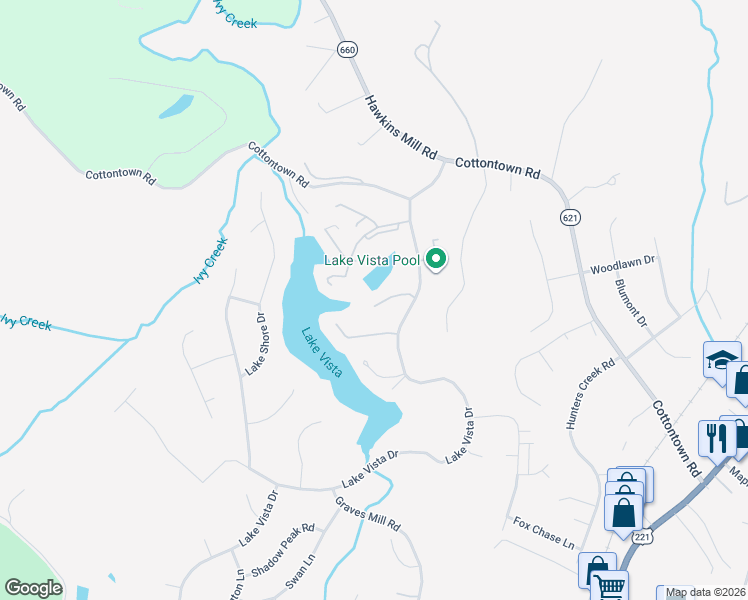 map of restaurants, bars, coffee shops, grocery stores, and more near 161 Sunset Ridge Road in Forest