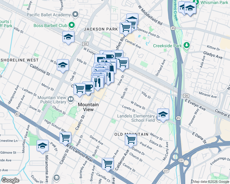 map of restaurants, bars, coffee shops, grocery stores, and more near 298 View St in Mountain View
