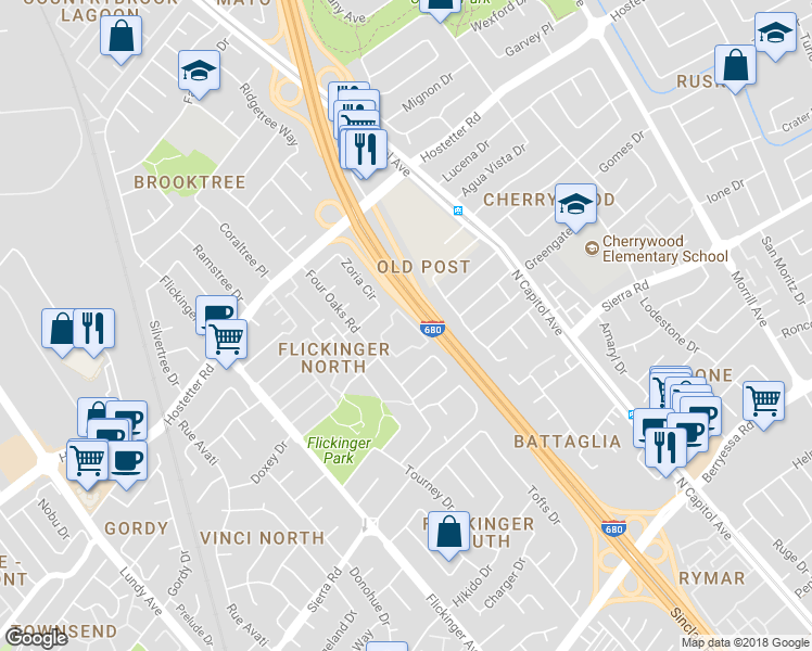 map of restaurants, bars, coffee shops, grocery stores, and more near 1488 Four Oaks Circle in San Jose