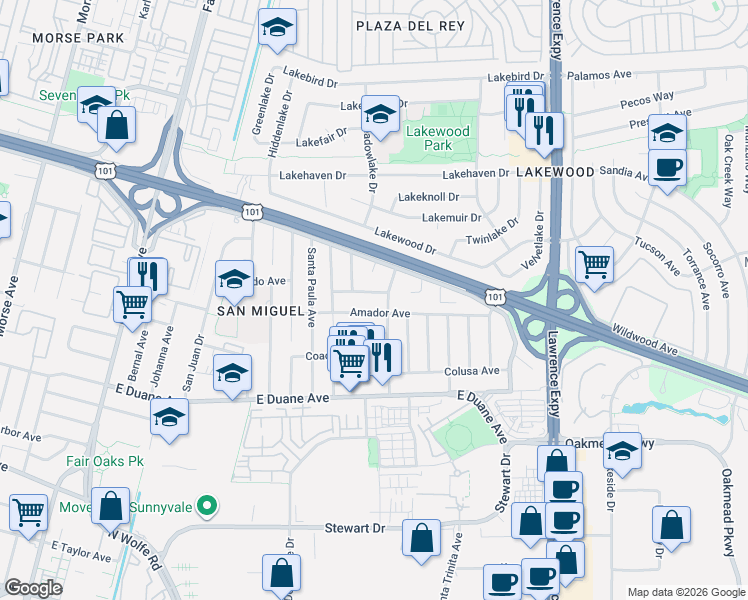map of restaurants, bars, coffee shops, grocery stores, and more near 915 Almaden Avenue in Sunnyvale