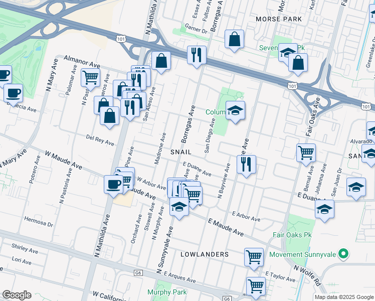 map of restaurants, bars, coffee shops, grocery stores, and more near 248 Eureka Court in Sunnyvale