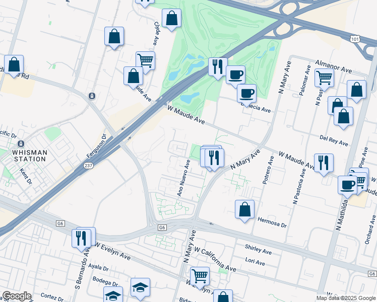 map of restaurants, bars, coffee shops, grocery stores, and more near 443 Costa Mesa Terrace in Sunnyvale