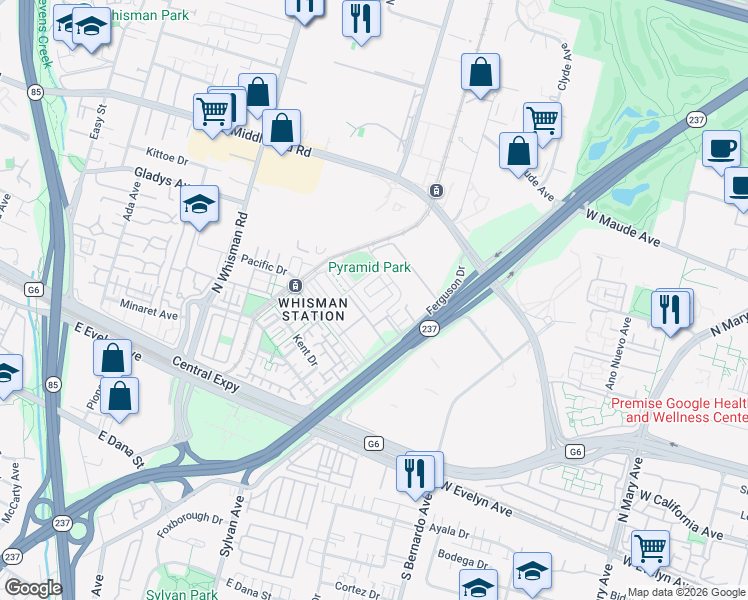 map of restaurants, bars, coffee shops, grocery stores, and more near 143 Orbit Way in Mountain View