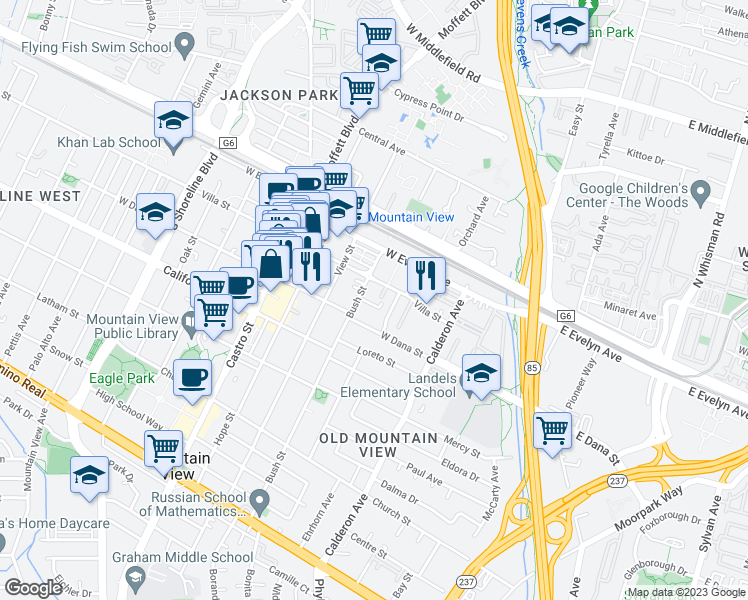 map of restaurants, bars, coffee shops, grocery stores, and more near 226 Bush Street in Mountain View