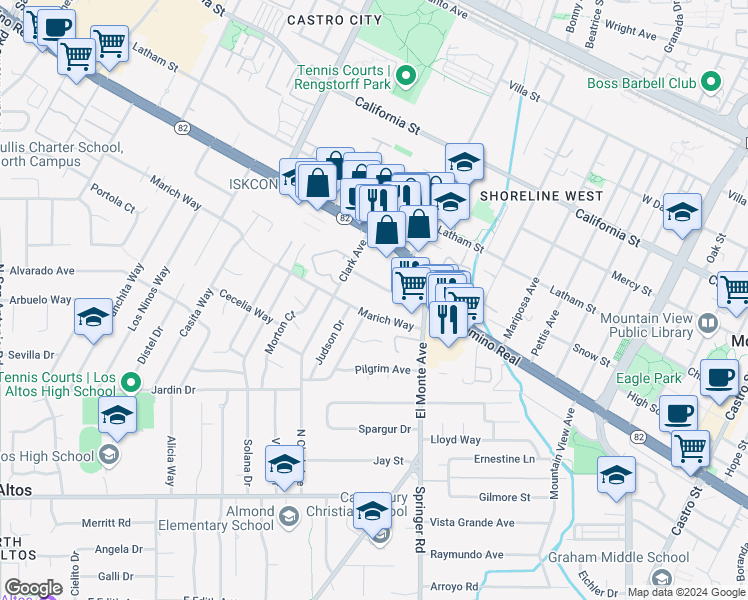 map of restaurants, bars, coffee shops, grocery stores, and more near 1875 Ednamary Way in Mountain View