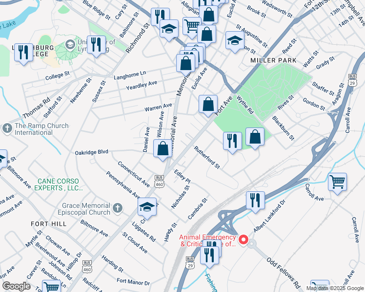 map of restaurants, bars, coffee shops, grocery stores, and more near 3402 Memorial Avenue in Lynchburg