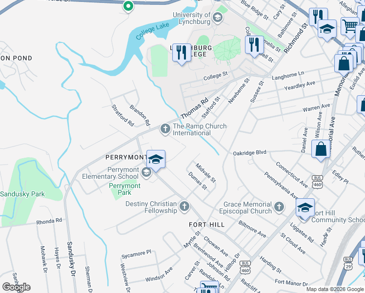 map of restaurants, bars, coffee shops, grocery stores, and more near 4139 White Street in Lynchburg