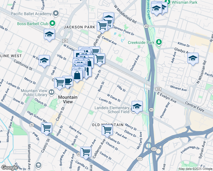 map of restaurants, bars, coffee shops, grocery stores, and more near 226 Bush Street in Mountain View